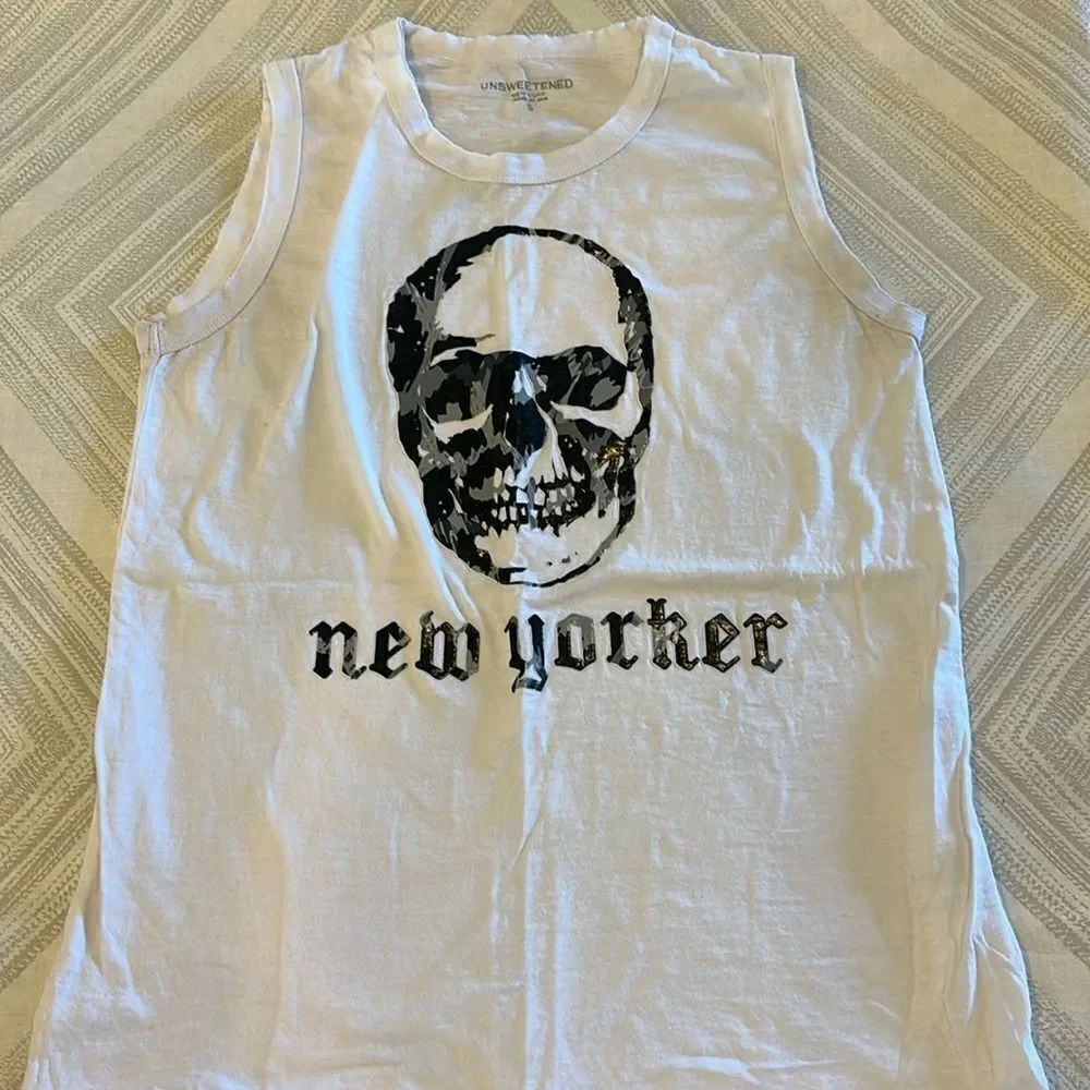 Unsweetened Women’s White with Black & Grey Skull New Yorker Tank Top - Size S